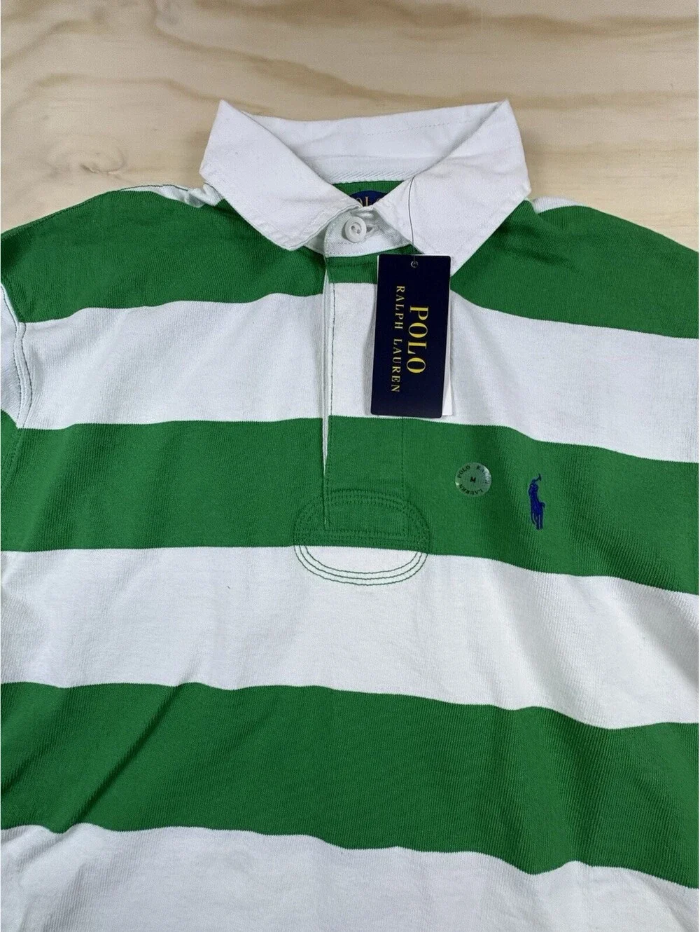 NWT Polo Ralph Lauren Rugby Shirt Men’s Medium Green White Stripe Classic Fit